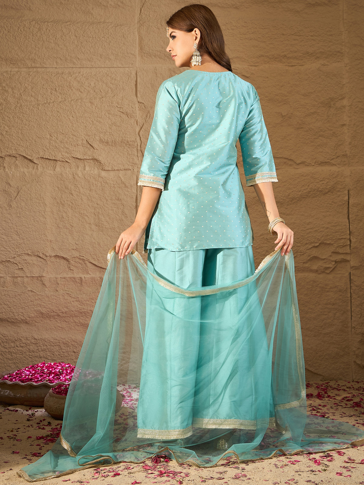 Sky Blue Embroidered Kurta Set with Organza Dupatta – Elegant Festive Ethnic Wear for Women