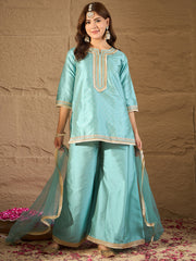 Sky Blue Embroidered Kurta Set with Organza Dupatta – Elegant Festive Ethnic Wear for Women