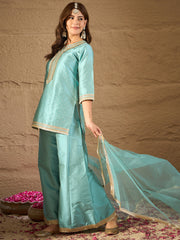 Sky Blue Embroidered Kurta Set with Organza Dupatta – Elegant Festive Ethnic Wear for Women