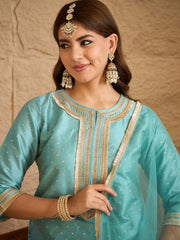 Sky Blue Embroidered Kurta Set with Organza Dupatta – Elegant Festive Ethnic Wear for Women