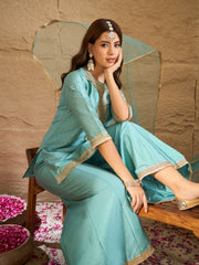 Sky Blue Embroidered Kurta Set with Organza Dupatta – Elegant Festive Ethnic Wear for Women