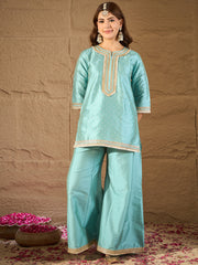Sky Blue Embroidered Kurta Set with Organza Dupatta – Elegant Festive Ethnic Wear for Women