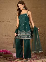Elegant Emerald Green Embroidered Kurta Set with Dupatta for Women
