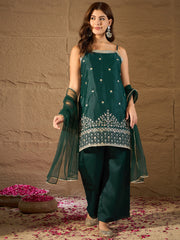 Elegant Emerald Green Embroidered Kurta Set with Dupatta for Women
