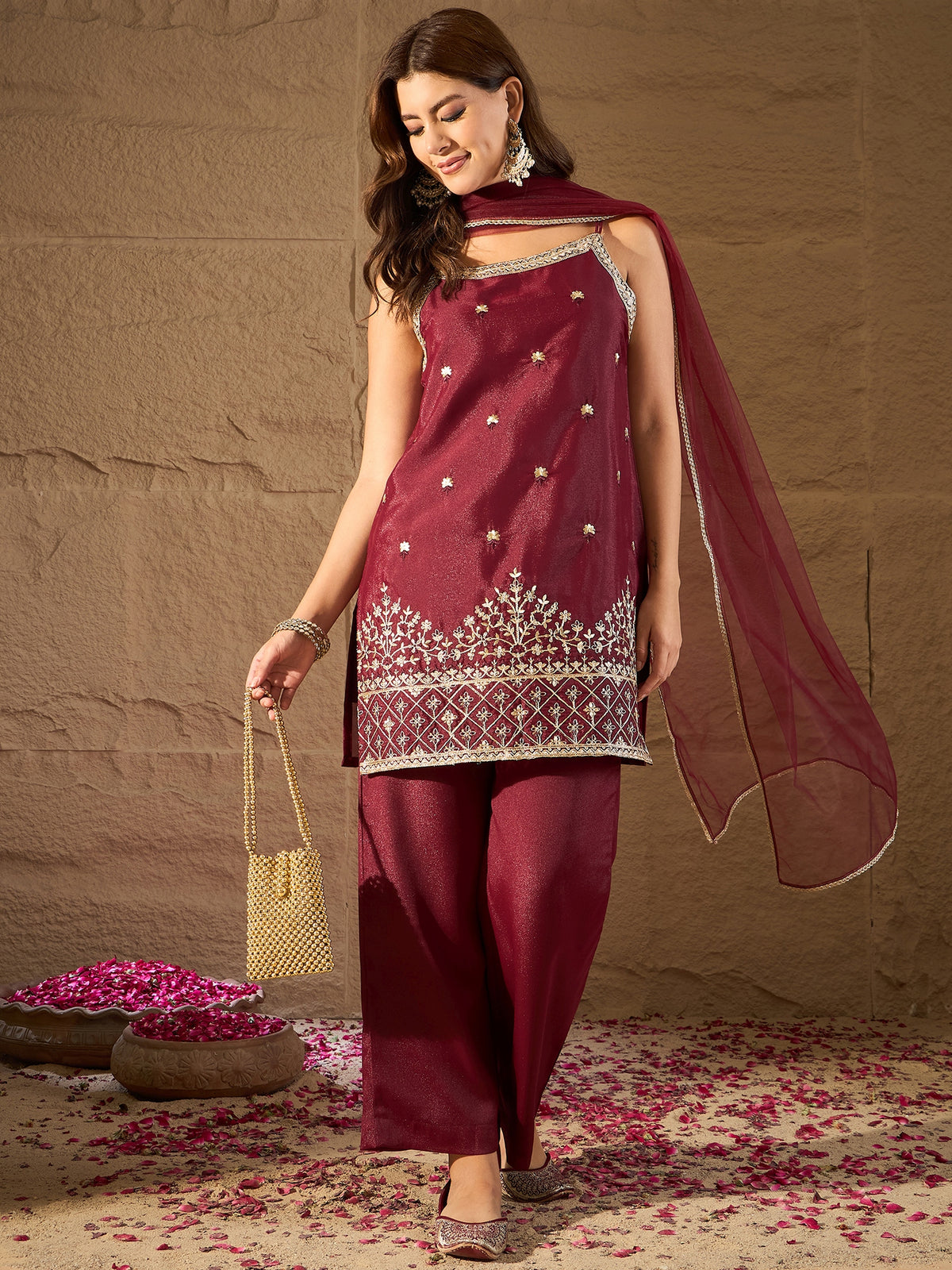 Rich Maroon Embroidered Kurta Set with Dupatta for Women | Festive & Wedding Wear