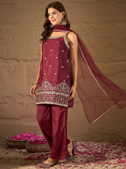 Rich Maroon Embroidered Kurta Set with Dupatta for Women | Festive & Wedding Wear