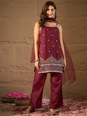 Rich Maroon Embroidered Kurta Set with Dupatta for Women | Festive & Wedding Wear