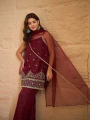 Rich Maroon Embroidered Kurta Set with Dupatta for Women | Festive & Wedding Wear