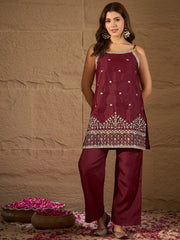 Rich Maroon Embroidered Kurta Set with Dupatta for Women | Festive & Wedding Wear