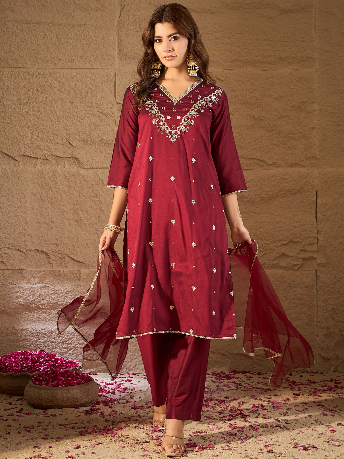 Elegant Maroon Embroidered Kurta Set with Dupatta for Women | Festive & Ethnic Wear