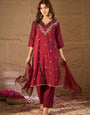 Elegant Maroon Embroidered Kurta Set with Dupatta for Women | Festive & Ethnic Wear