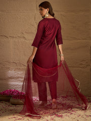 Elegant Maroon Embroidered Kurta Set with Dupatta for Women | Festive & Ethnic Wear