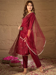 Elegant Maroon Embroidered Kurta Set with Dupatta for Women | Festive & Ethnic Wear