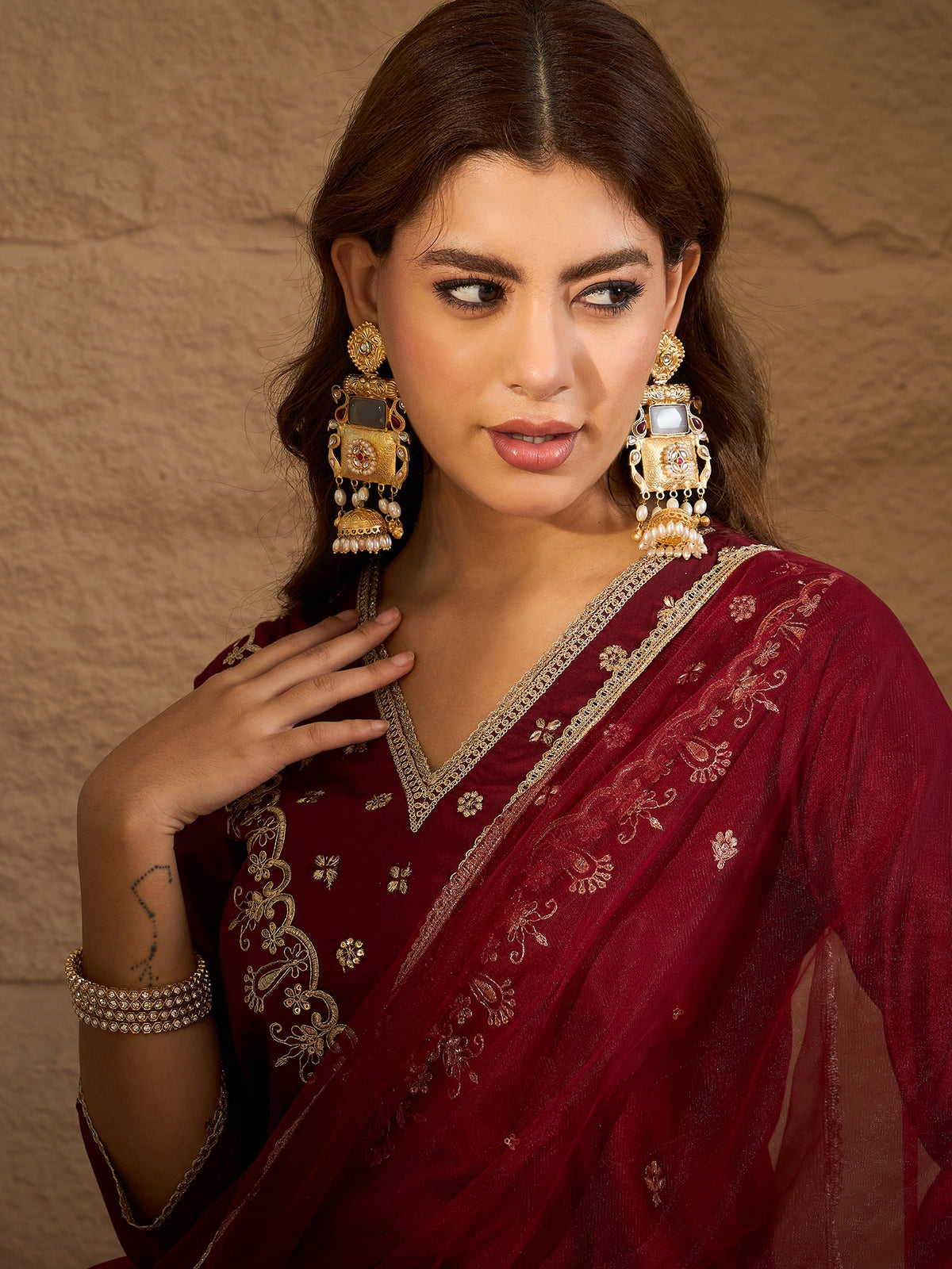 Elegant Maroon Embroidered Kurta Set with Dupatta for Women | Festive & Ethnic Wear