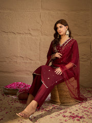 Elegant Maroon Embroidered Kurta Set with Dupatta for Women | Festive & Ethnic Wear