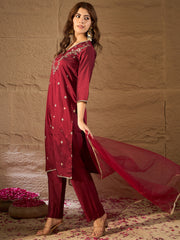 Elegant Maroon Embroidered Kurta Set with Dupatta for Women | Festive & Ethnic Wear