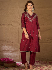 Elegant Maroon Embroidered Kurta Set with Dupatta for Women | Festive & Ethnic Wear