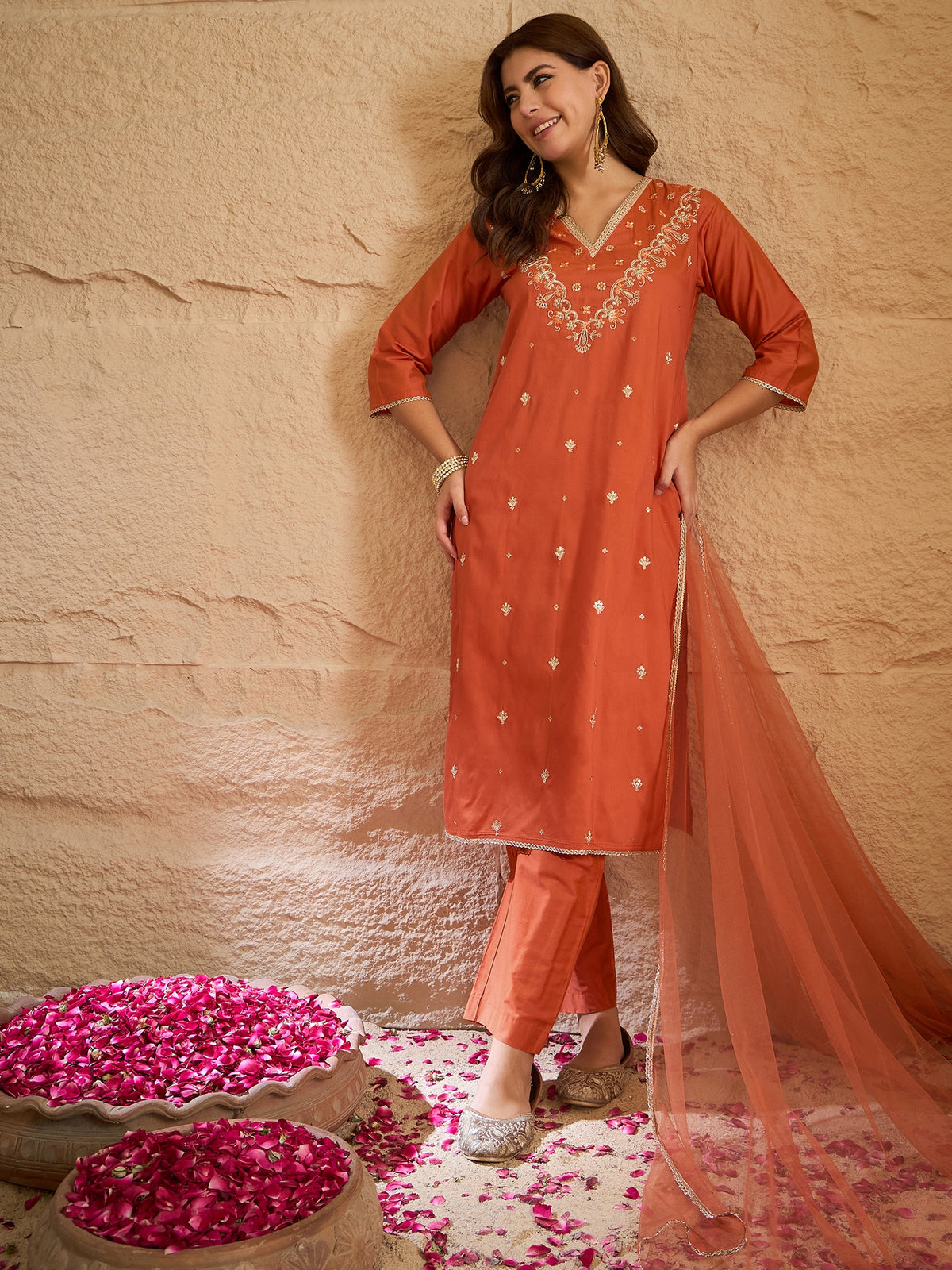 Elegant Rust Orange Embroidered Kurta Set with Dupatta for Women | Festive & Ethnic Wear