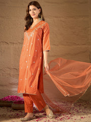 Elegant Rust Orange Embroidered Kurta Set with Dupatta for Women | Festive & Ethnic Wear