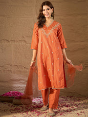Elegant Rust Orange Embroidered Kurta Set with Dupatta for Women | Festive & Ethnic Wear