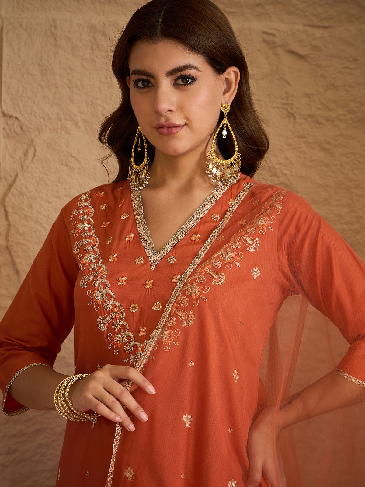 Elegant Rust Orange Embroidered Kurta Set with Dupatta for Women | Festive & Ethnic Wear