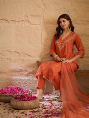 Elegant Rust Orange Embroidered Kurta Set with Dupatta for Women | Festive & Ethnic Wear