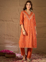 Elegant Rust Orange Embroidered Kurta Set with Dupatta for Women | Festive & Ethnic Wear