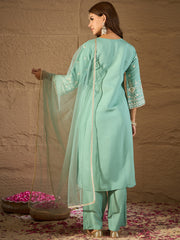 Elegant Mint Green Embroidered Kurta Set with Organza Dupatta for Women