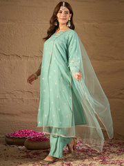Elegant Mint Green Embroidered Kurta Set with Organza Dupatta for Women