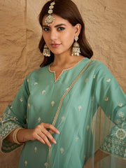 Elegant Mint Green Embroidered Kurta Set with Organza Dupatta for Women