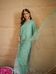 Elegant Mint Green Embroidered Kurta Set with Organza Dupatta for Women