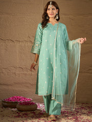 Elegant Mint Green Embroidered Kurta Set with Organza Dupatta for Women