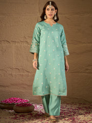 Elegant Mint Green Embroidered Kurta Set with Organza Dupatta for Women