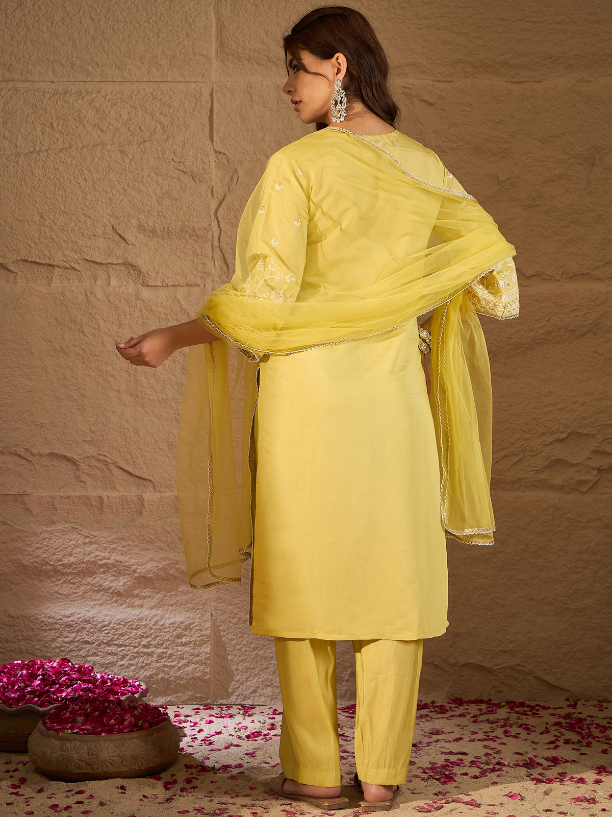 Sunshine Yellow Embroidered Kurta Set with Organza Dupatta for Women