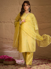 Sunshine Yellow Embroidered Kurta Set with Organza Dupatta for Women
