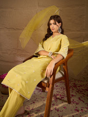 Sunshine Yellow Embroidered Kurta Set with Organza Dupatta for Women