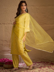 Sunshine Yellow Embroidered Kurta Set with Organza Dupatta for Women