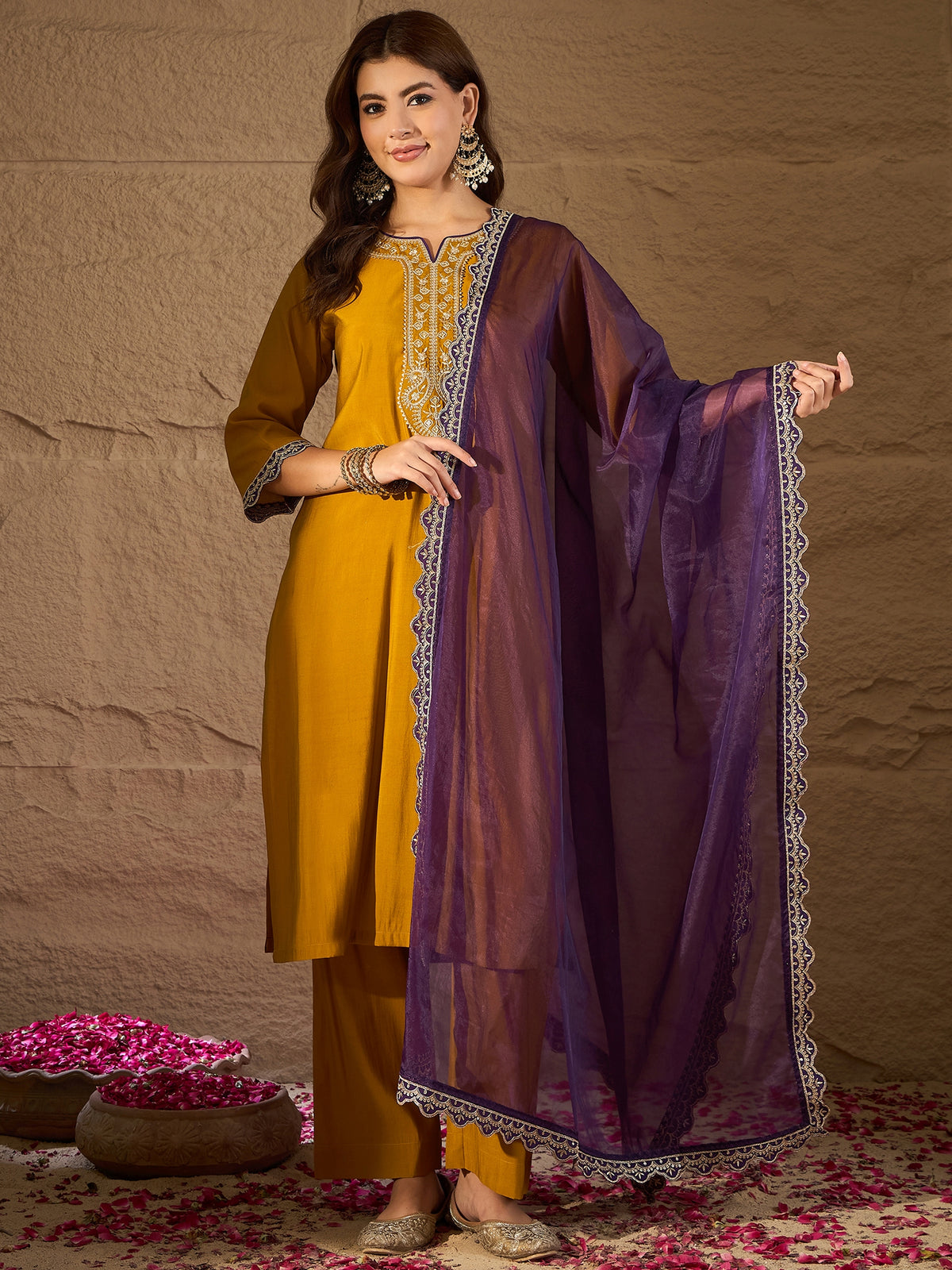 Mustard Yellow Embroidered Kurta Set with Purple Organza Dupatta – Festive Ethnic Wear for Women