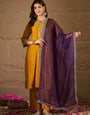 Mustard Yellow Embroidered Kurta Set with Purple Organza Dupatta – Festive Ethnic Wear for Women