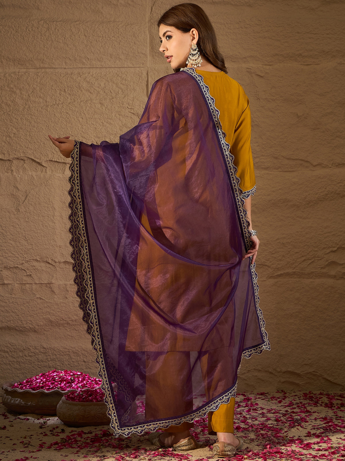 Mustard Yellow Embroidered Kurta Set with Purple Organza Dupatta – Festive Ethnic Wear for Women