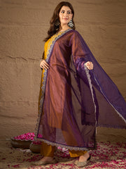 Mustard Yellow Embroidered Kurta Set with Purple Organza Dupatta – Festive Ethnic Wear for Women