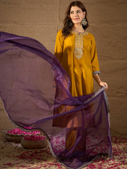 Mustard Yellow Embroidered Kurta Set with Purple Organza Dupatta – Festive Ethnic Wear for Women