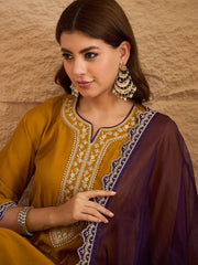 Mustard Yellow Embroidered Kurta Set with Purple Organza Dupatta – Festive Ethnic Wear for Women