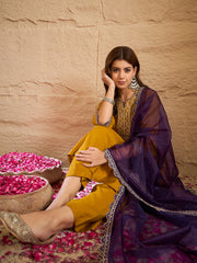 Mustard Yellow Embroidered Kurta Set with Purple Organza Dupatta – Festive Ethnic Wear for Women