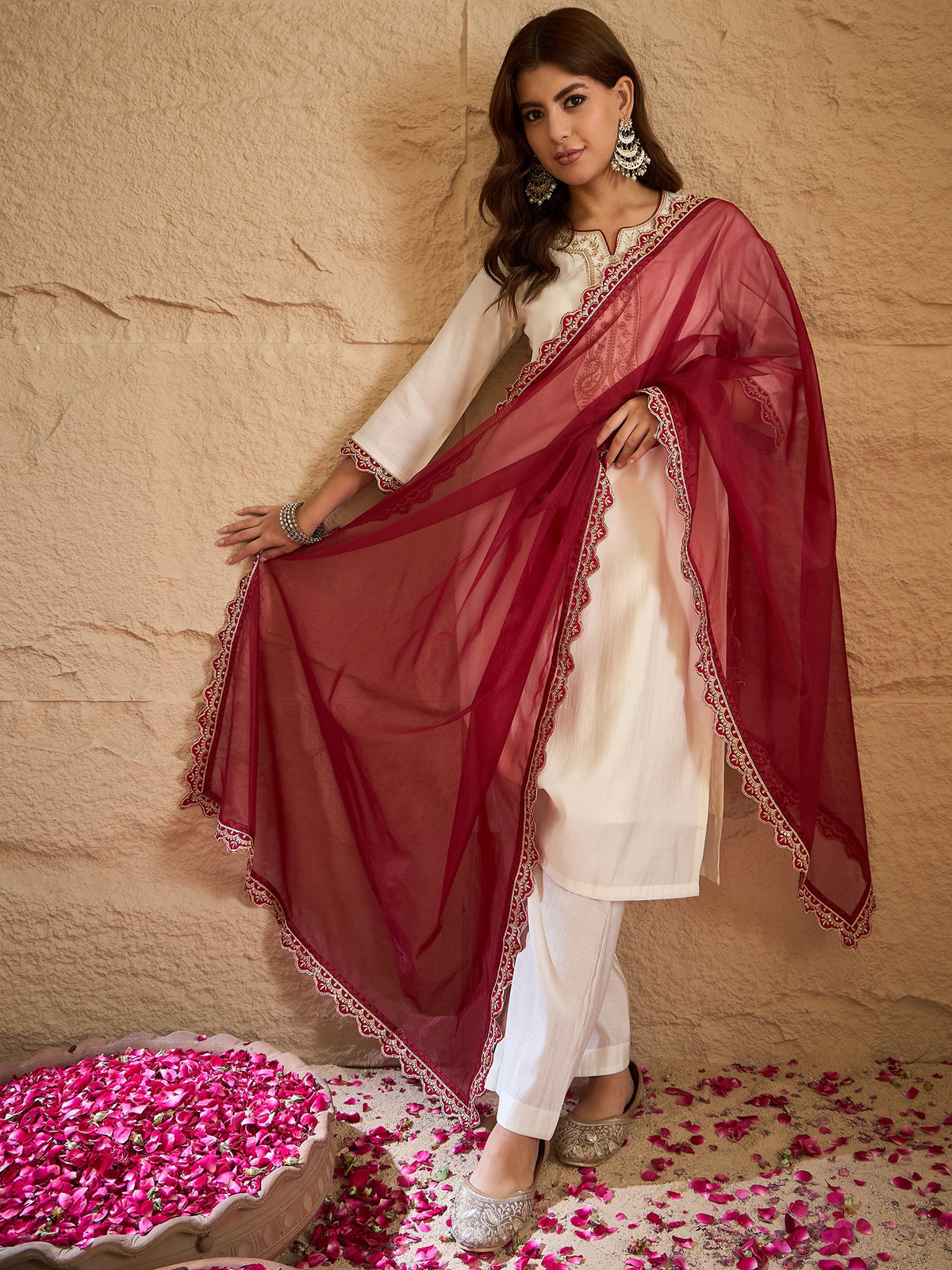 Off-White Embroidered Kurta Set with Red Organza Dupatta – Elegant Festive & Ethnic Wear for Women