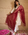 Off-White Embroidered Kurta Set with Red Organza Dupatta – Elegant Festive & Ethnic Wear for Women