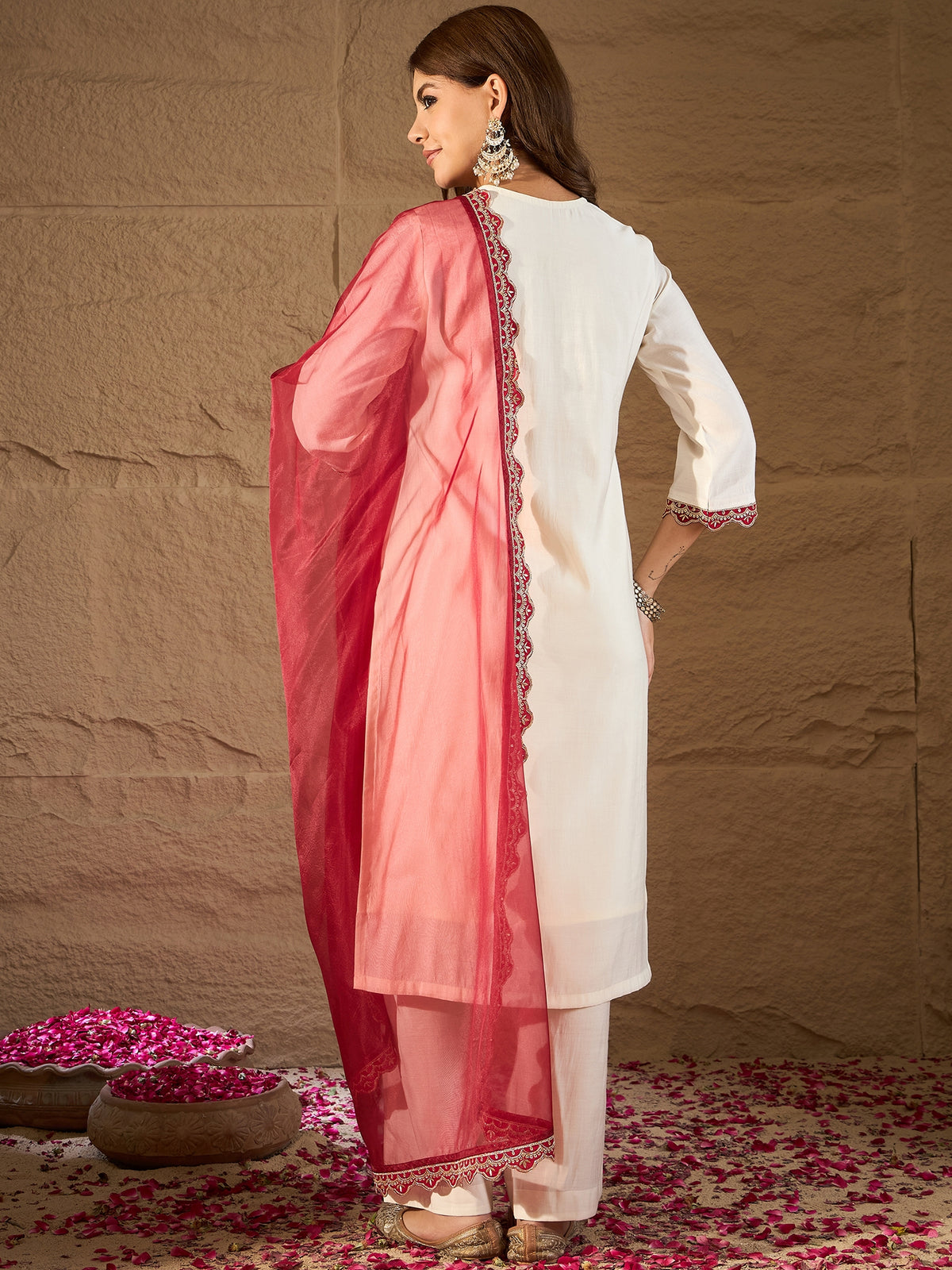 Off-White Embroidered Kurta Set with Red Organza Dupatta – Elegant Festive & Ethnic Wear for Women