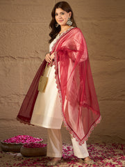 Off-White Embroidered Kurta Set with Red Organza Dupatta – Elegant Festive & Ethnic Wear for Women