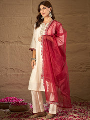 Off-White Embroidered Kurta Set with Red Organza Dupatta – Elegant Festive & Ethnic Wear for Women