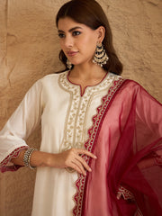 Off-White Embroidered Kurta Set with Red Organza Dupatta – Elegant Festive & Ethnic Wear for Women